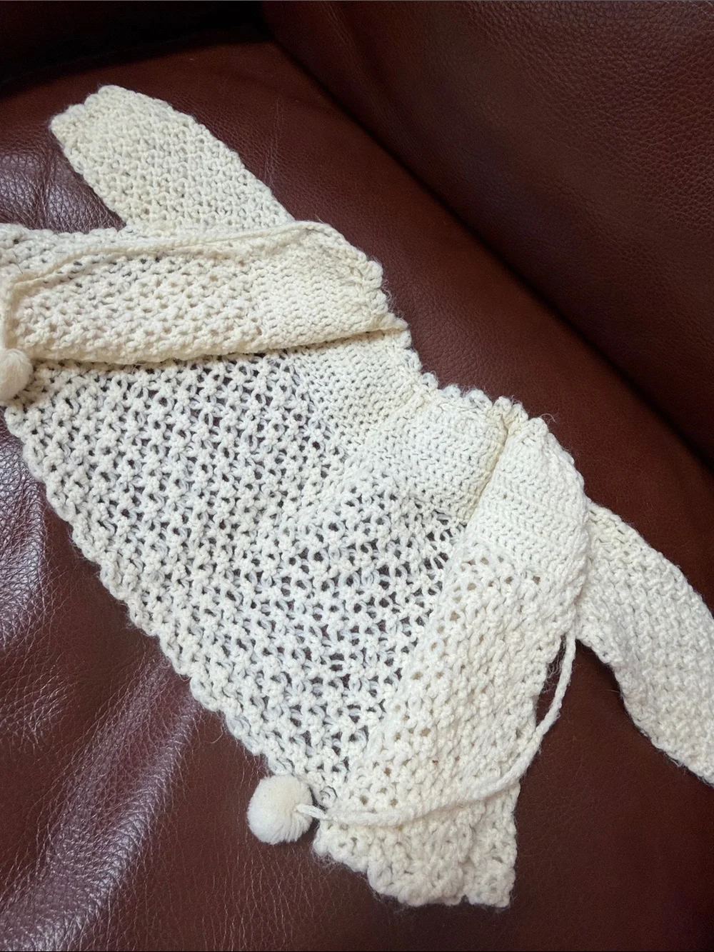 1950’s Cream Knit Open-Front Baby Sweater with Pom Tie